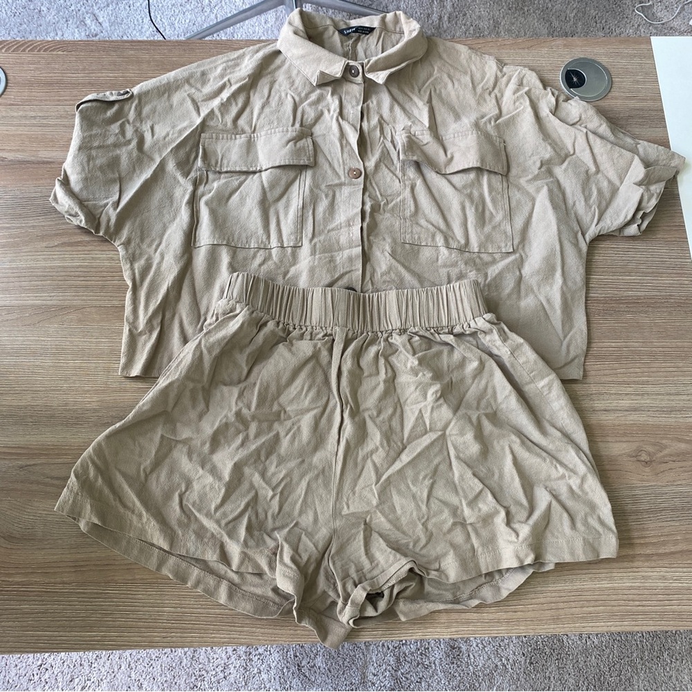 Beige linen shorts and button up shirt set